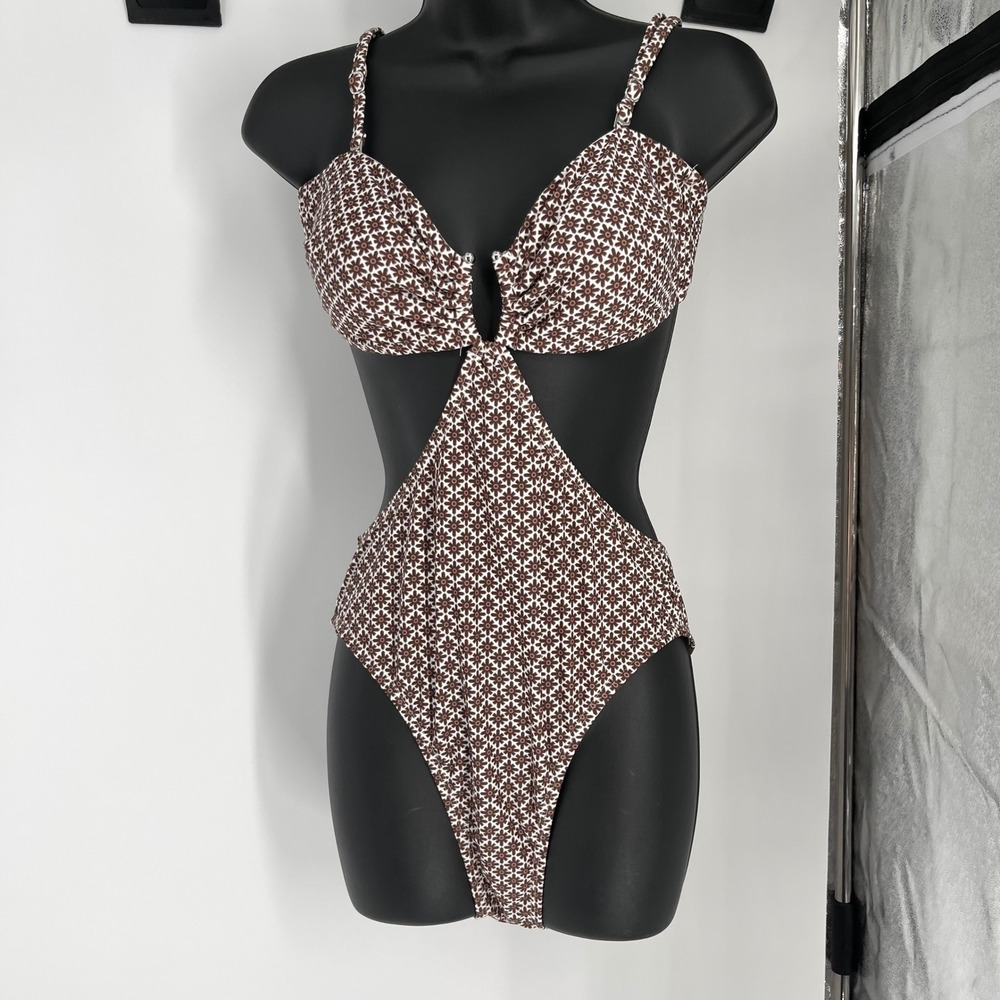 NWT Cupshe Brown & White Patterned Cutout One-Piece Swimsuit